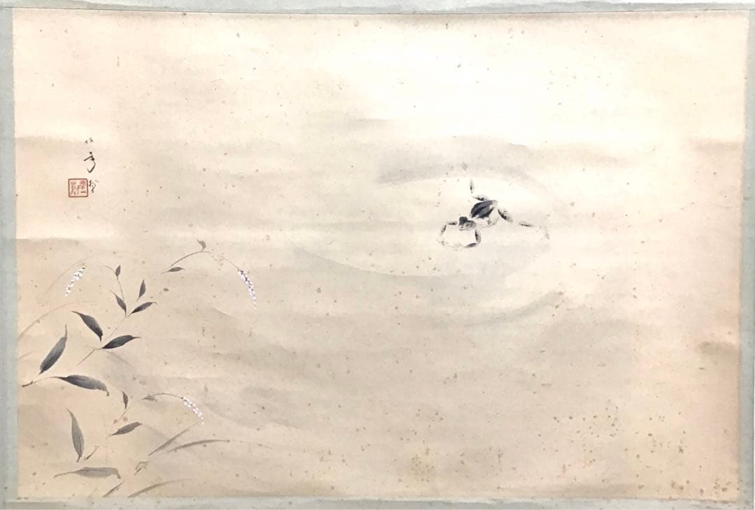 K茶道具　掛軸　「水邊(池蛙)」　双年作　共箱(一部削れ有り)　S215KJ