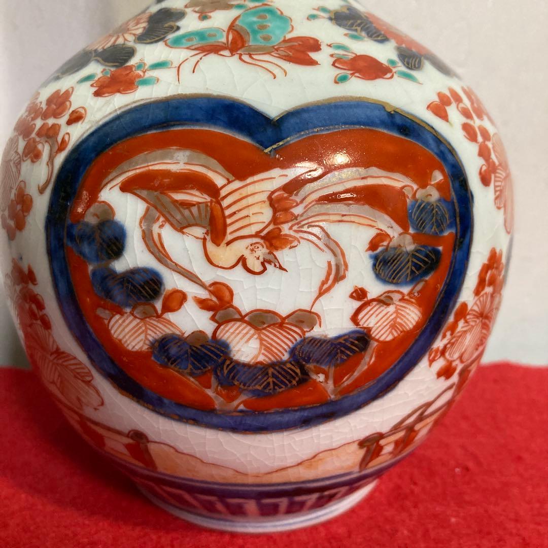 佐賀　伊万里焼　古伊万里色絵花鳥紋図鶴首徳利（江戸末期）