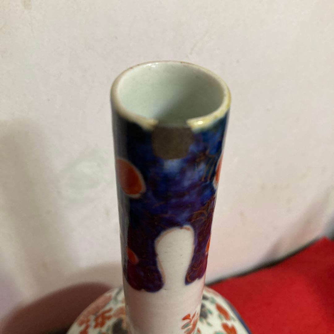 佐賀　伊万里焼　古伊万里色絵花鳥紋図鶴首徳利（江戸末期）