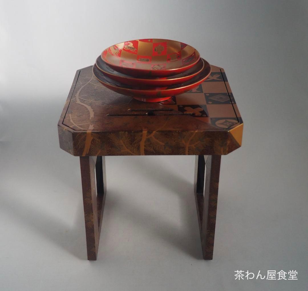 松ニ宝尽くし時代蒔絵花月台・三ッ組盃揃い（時代箱）