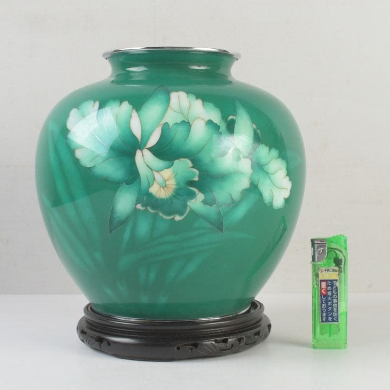 七宝焼　緑釉　花文　花瓶　唐木台付　共箱　V　9833A