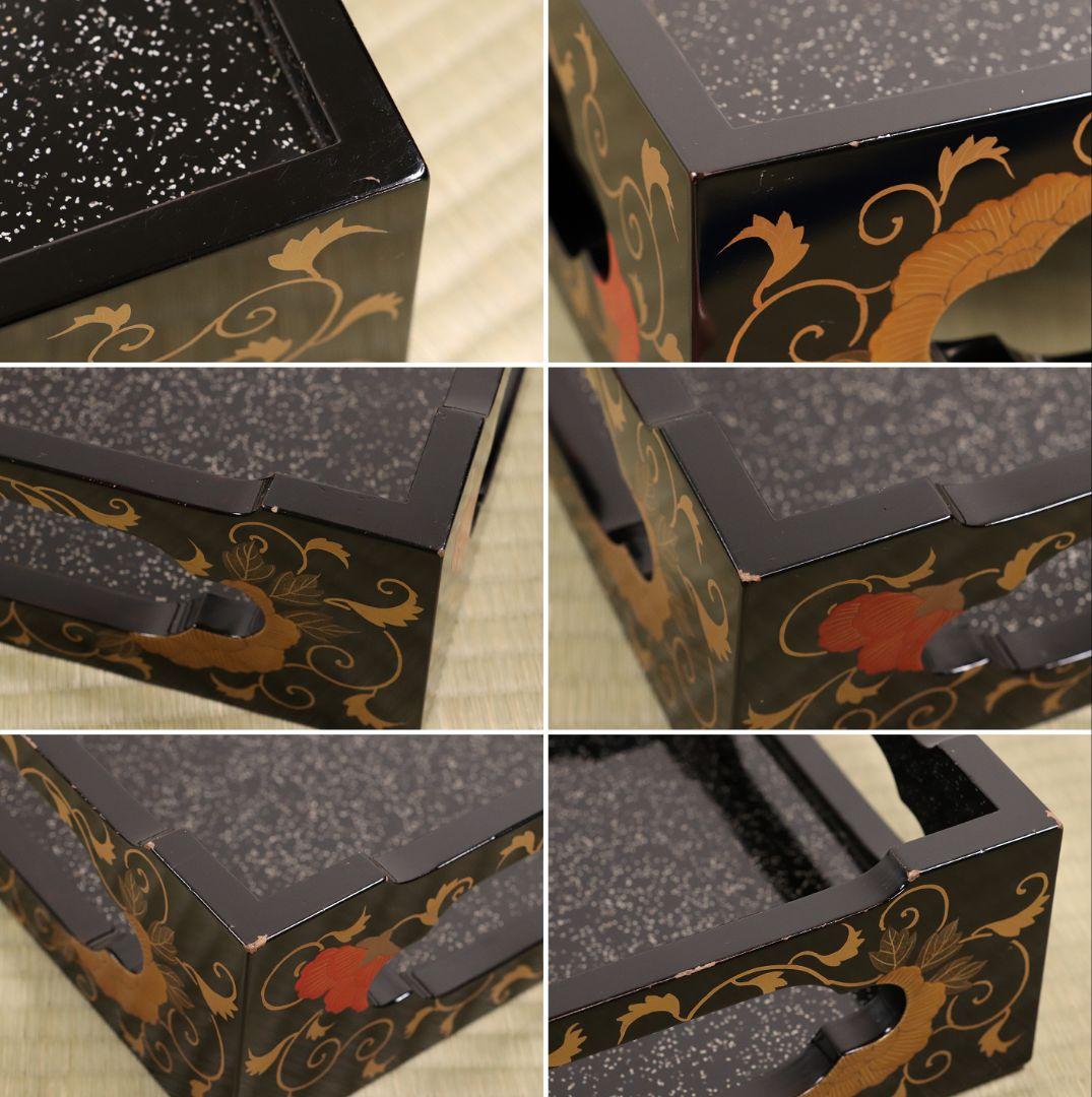 時代 牡丹唐草金蒔絵 黒塗 梨地 五段重 重台 桔梗紋 松鶴 共箱【MA120】