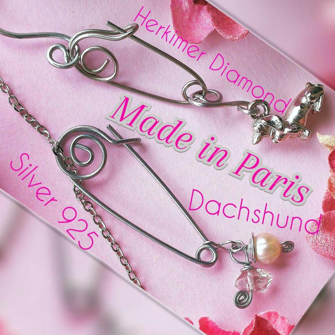 新品シルバー925 ダックスフンド ハーキマーダイヤモンドピアス ネックレス