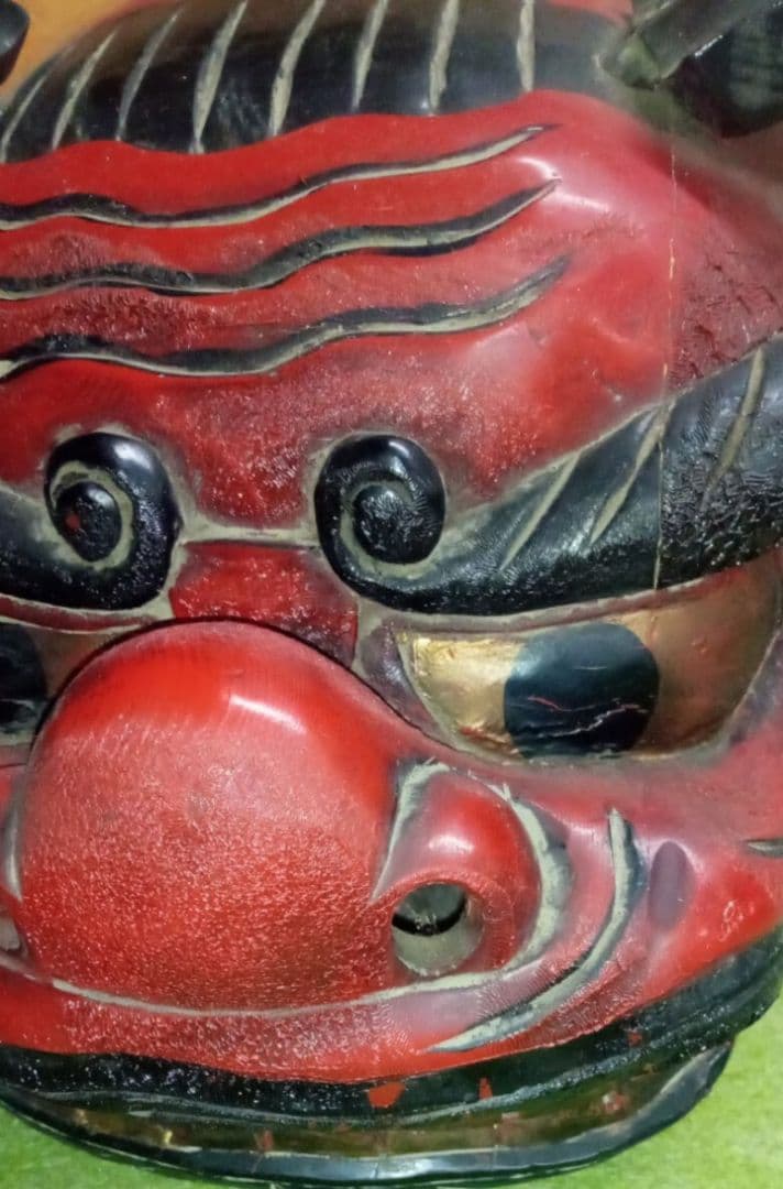 獅子頭 雌型 木製 木彫り 時代物 アンティーク 置物 縁起物