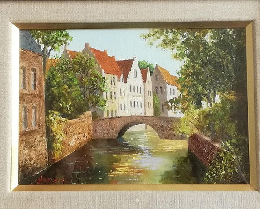 今関アキラコ油彩古都ブルージュ額サイズ（約４６５Ｘ３９５ｍｍ）