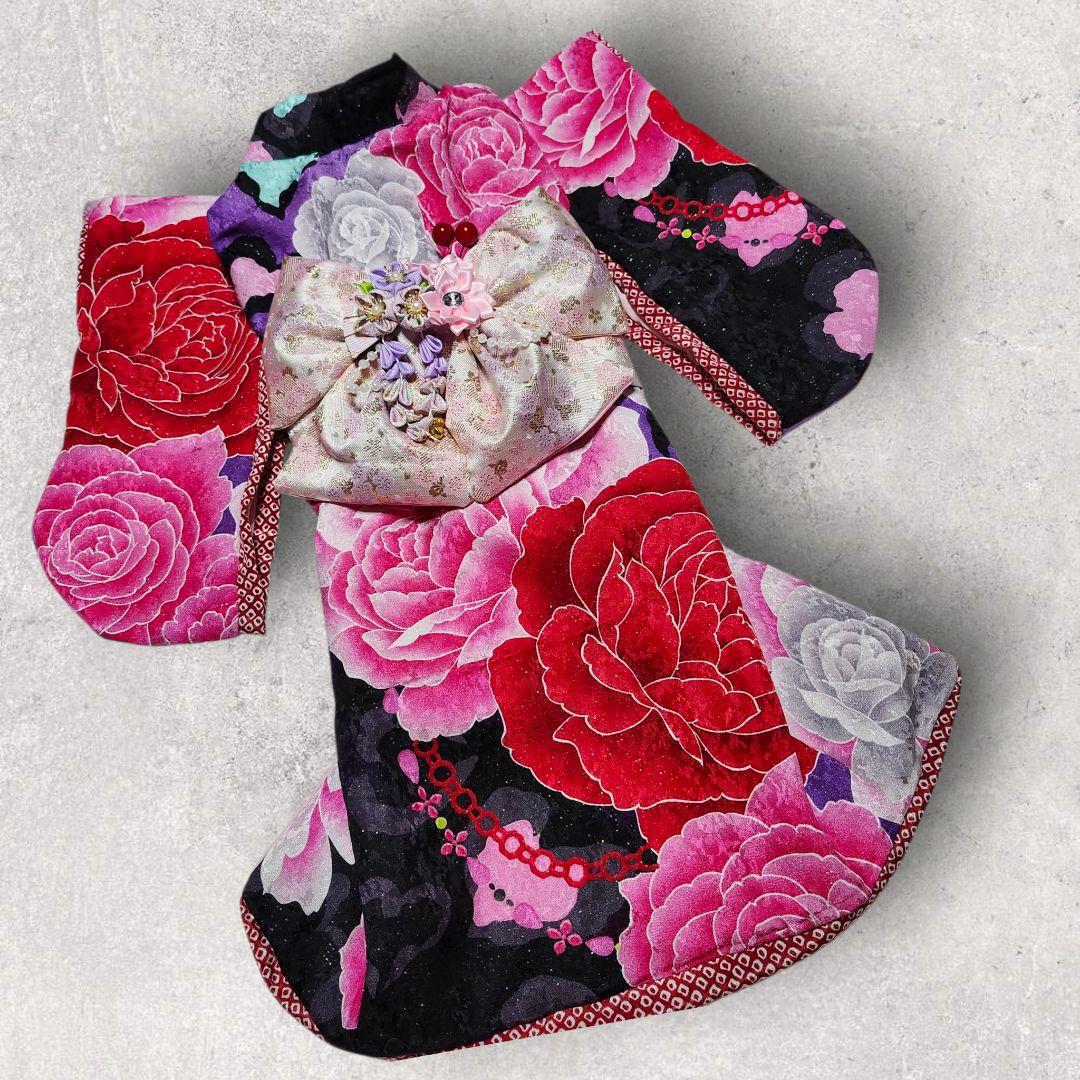 犬服　振り袖　引きずり　黒×ピンク　シルバーラメ　ハンドメイド