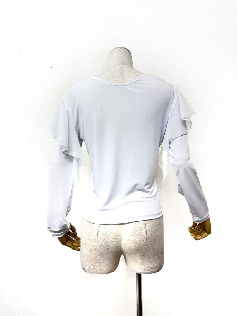 【ラインストーン】新品　社交ダンスフリルデザインカットソー白ｄ125