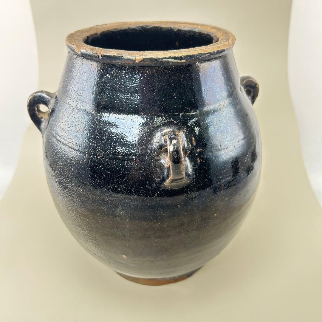 李朝初期 黒高麗壷 黒釉 李朝 壷 伝世品焼物 骨董 古玩 朝鮮 四耳瓶