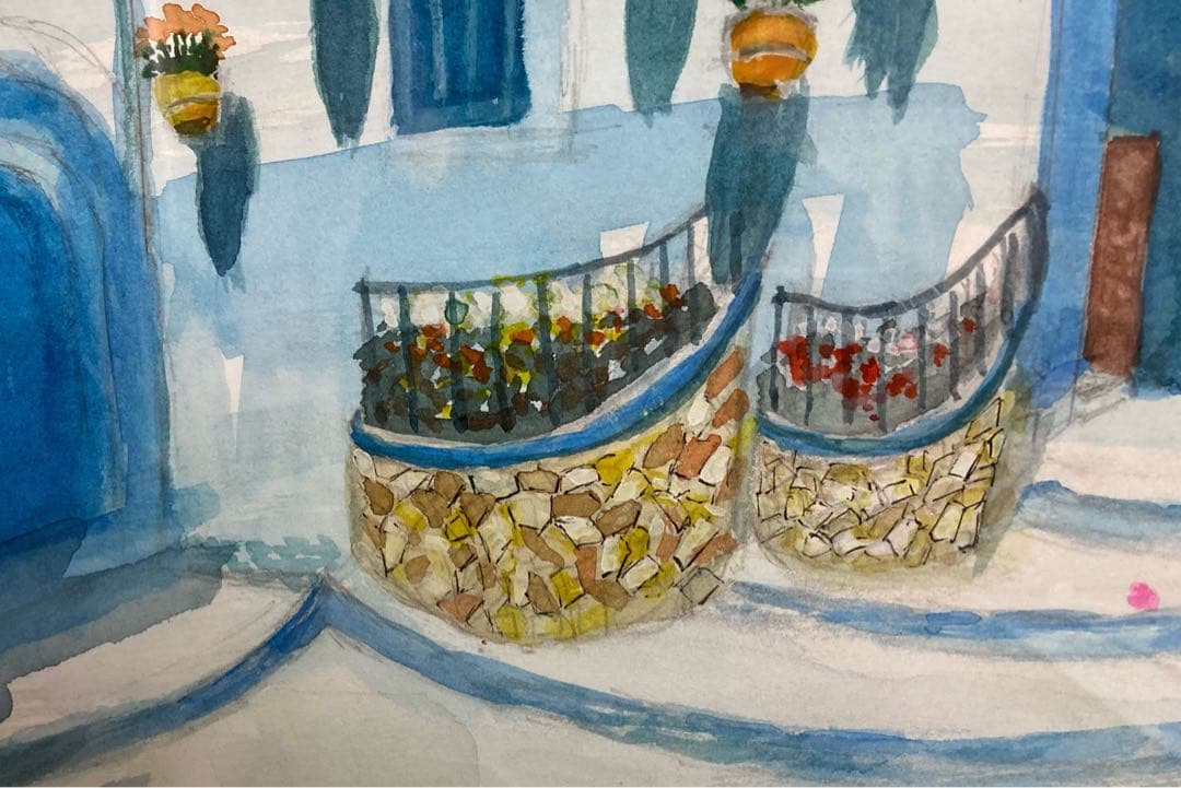 水彩画　「　ブーゲンビリアの街かど　」　原画　額付