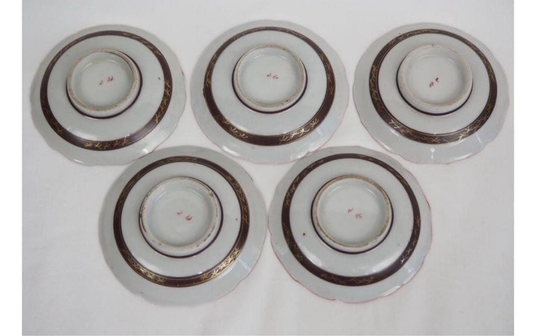 送料無料 明治～大正九谷焼　手描き松鶴紋杯台/盃台5客　完品無傷