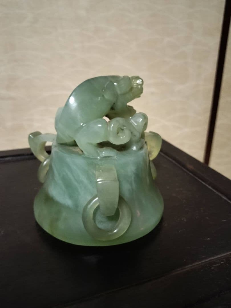 中国玉石龍紋香炉　21cmｘ21cm三足花台付