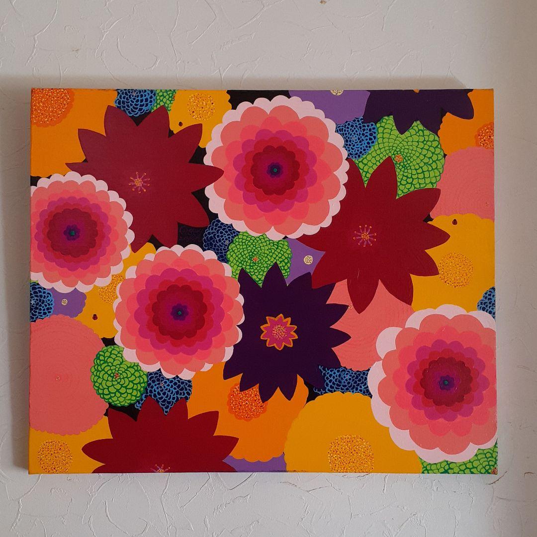 ミックスフラワー　F12号　アクリルガッシュ　画家　小楠アキコ作品　額付き