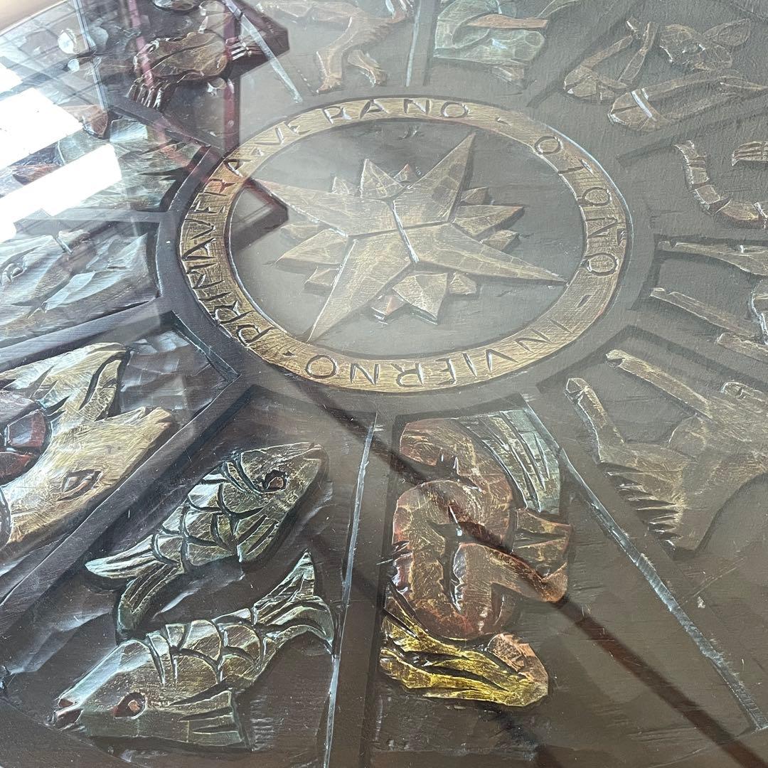 スペイン ビンテージ 彫刻 ラウンド 丸 ローテーブル ガラス天板 直径80cm