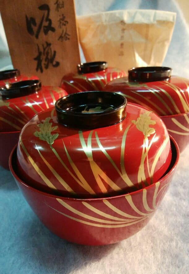 稲穂絵朱塗り吸碗５客