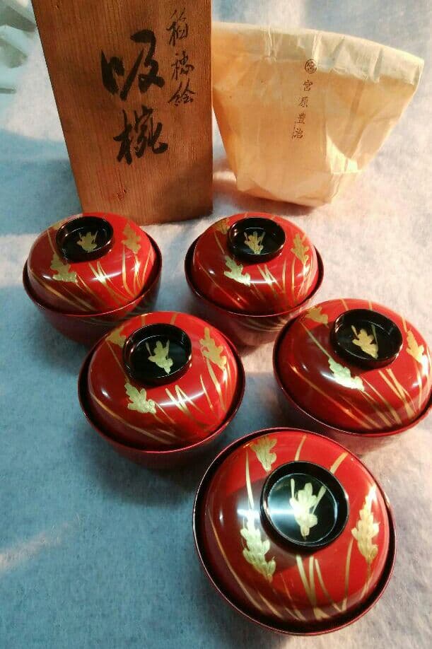 稲穂絵朱塗り吸碗５客