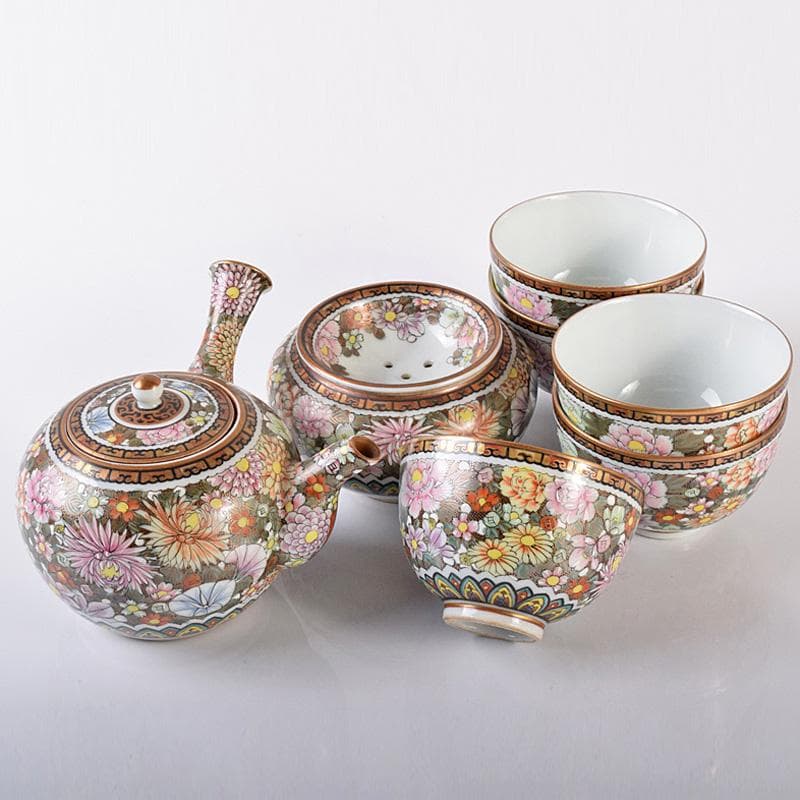 ぶりぶり煎茶道具　九谷焼　長寿造　色絵金彩　百花文　茶器揃　K　R8034