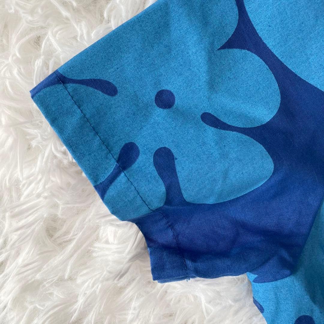 美品ハワイ製生地Mahaloロングワンピース南国モンステラパイナップル青リゾート