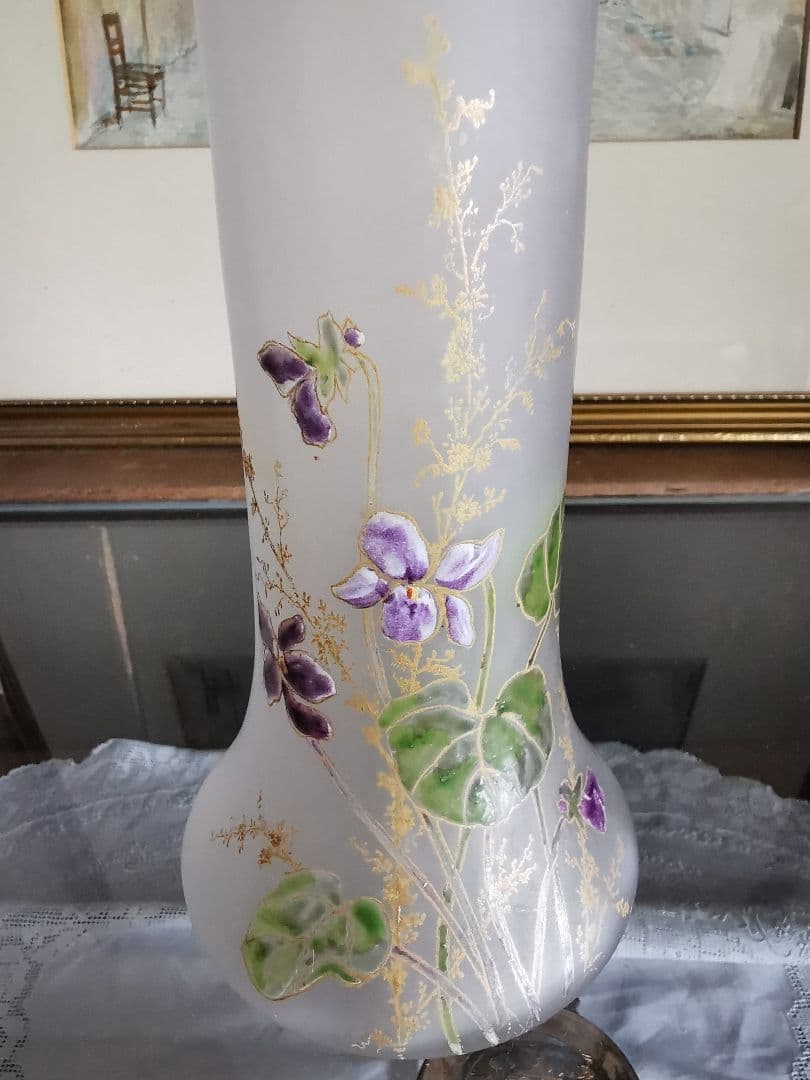 アンティークフランス ルグラ 手描き盛上げエナメル金彩 菫紋 ヴィオラガラス花瓶