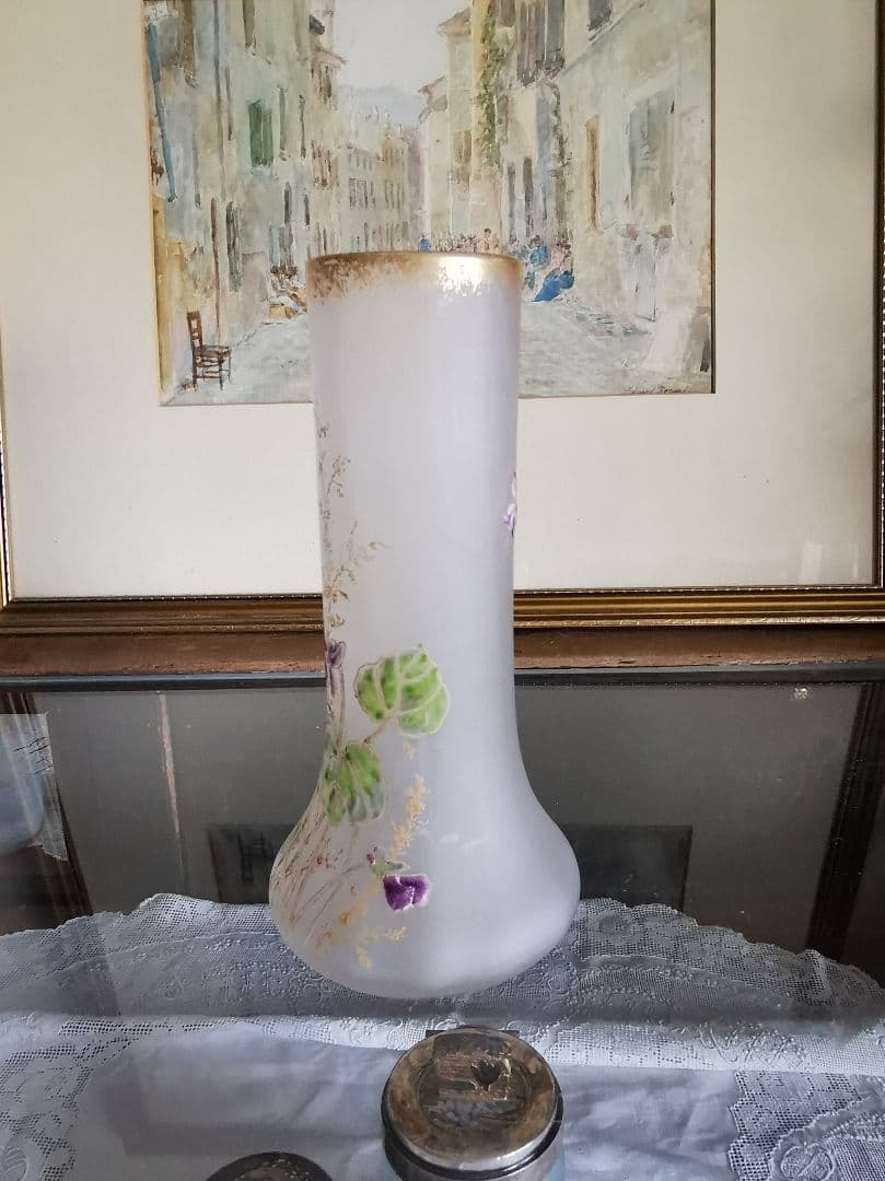 アンティークフランス ルグラ 手描き盛上げエナメル金彩 菫紋 ヴィオラガラス花瓶