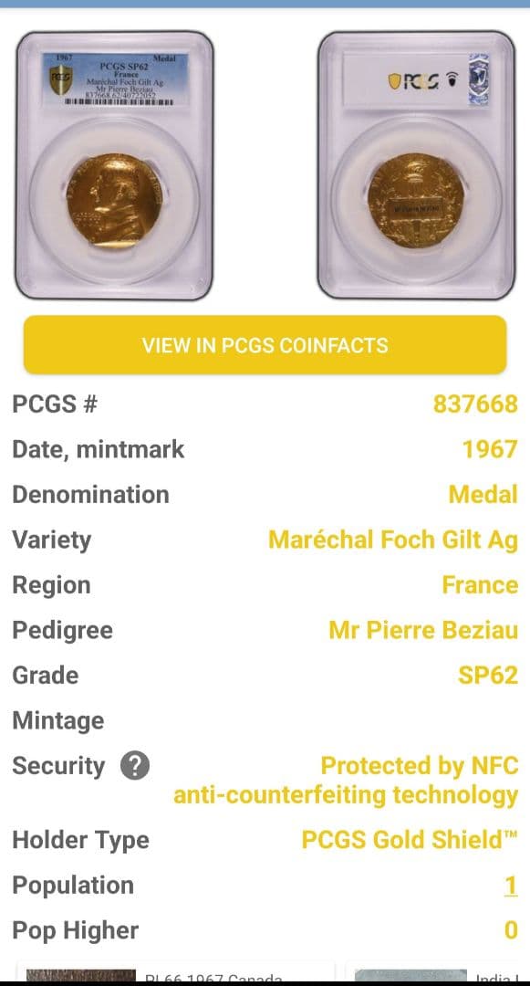 最高鑑定)フォッシュ中将 大型銀メダル PCGS鑑定済み SP62 金メッキ