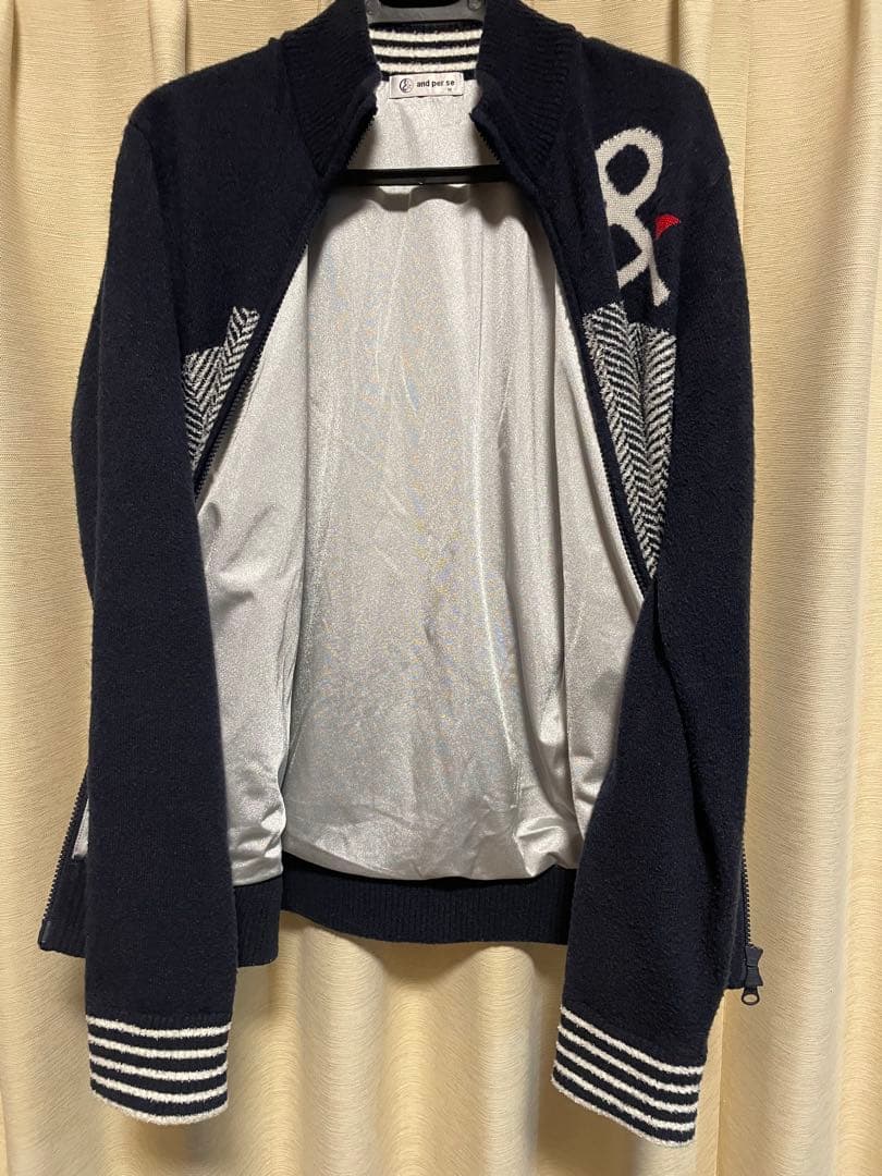 ◆美品◆アンパスィ 裏地付ニットジャケット ネイビー/ホワイト メンズMサイズ