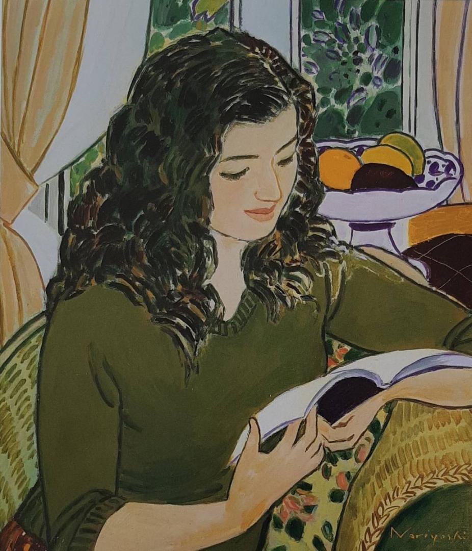 坂口紀良、「窓辺の読書」、希少画集の額装画、人気作品