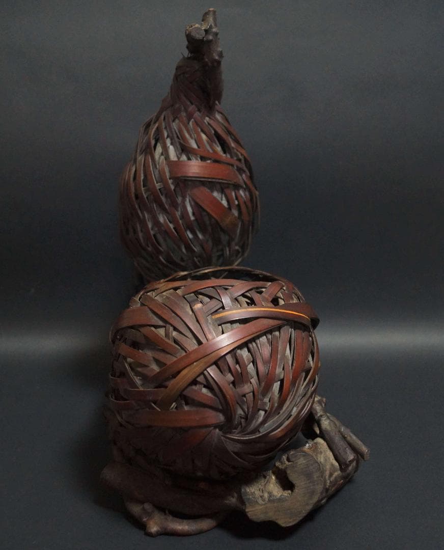 明治期 古竹編 瓢箪形花籠 古木置台 網代細工花籠 花器 花入 花生 華道具