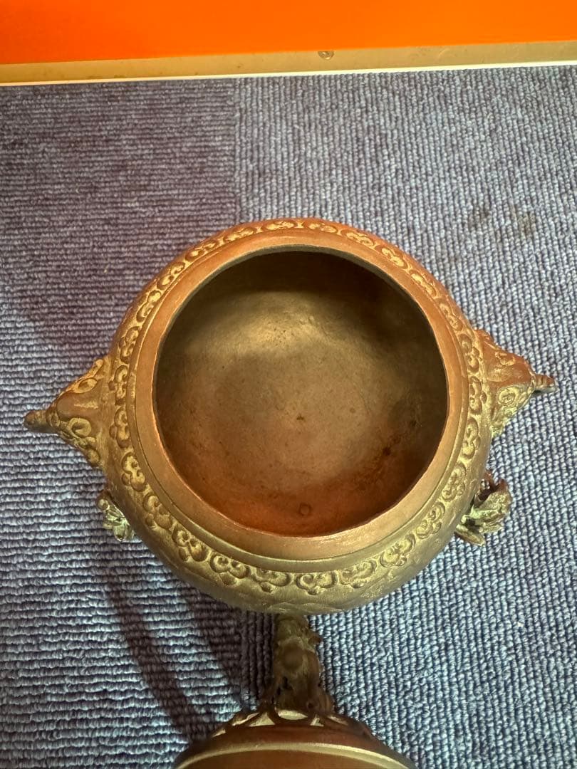 1817 高岡銅器　須賀七郎作　月芳　蝋型鋳銅　三獅子　香炉　時代物