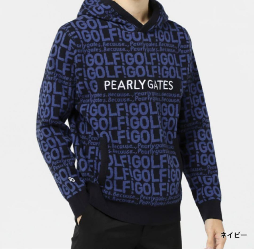 新品 パーリーゲイツ GOLF柄ジャガード ニット フーディ(5)サイズL/紺