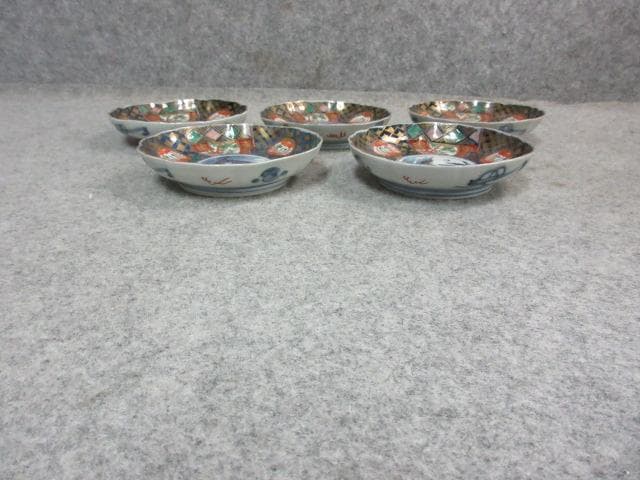 伊万里 色絵 錦手 手塩皿 5枚 [B23803] 丸文に舟漕ぎ 小皿 古玩