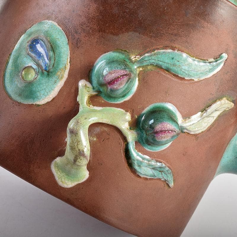 中国　宣興紫砂銘　紫砂　朱泥　色絵桃文　急須　茶壷　D　R7722