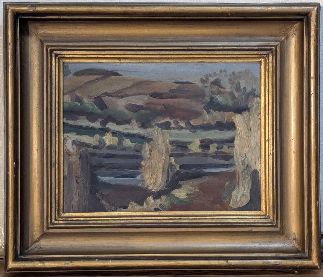 【真作】絵画　近藤晴彦　油彩3号（板絵）　渓谷の遠景　厚塗りタッチ　Y64