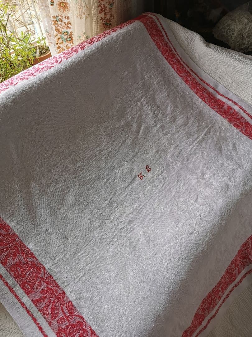 アンティーク ダマスクリネン 風鈴草 釣鐘草 百合の大判クロス フランス購入