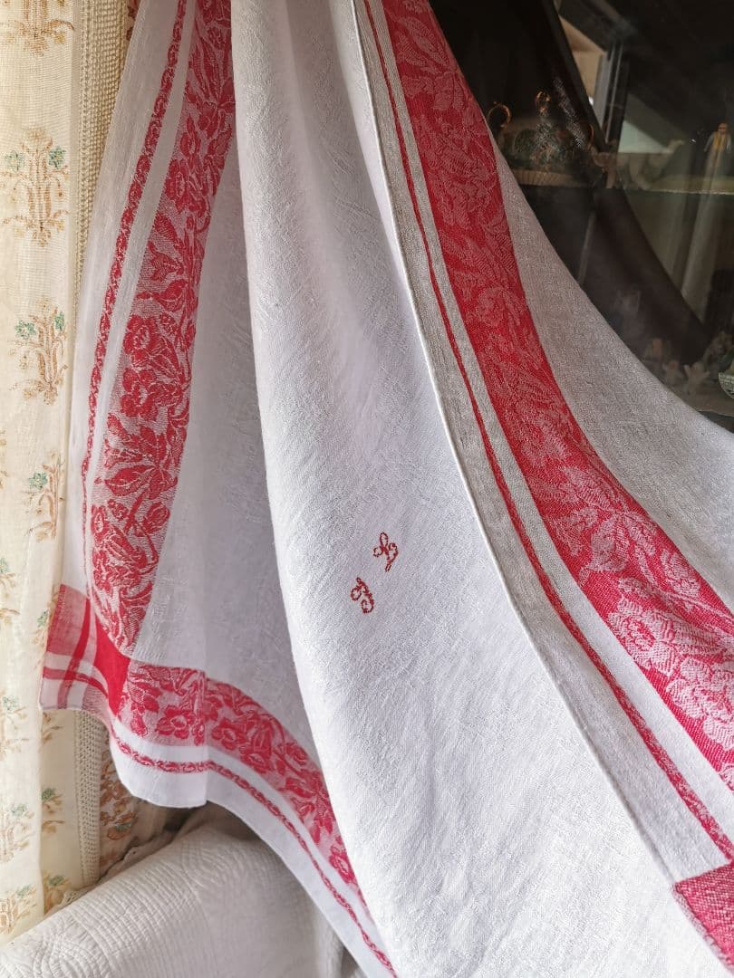 アンティーク ダマスクリネン 風鈴草 釣鐘草 百合の大判クロス フランス購入