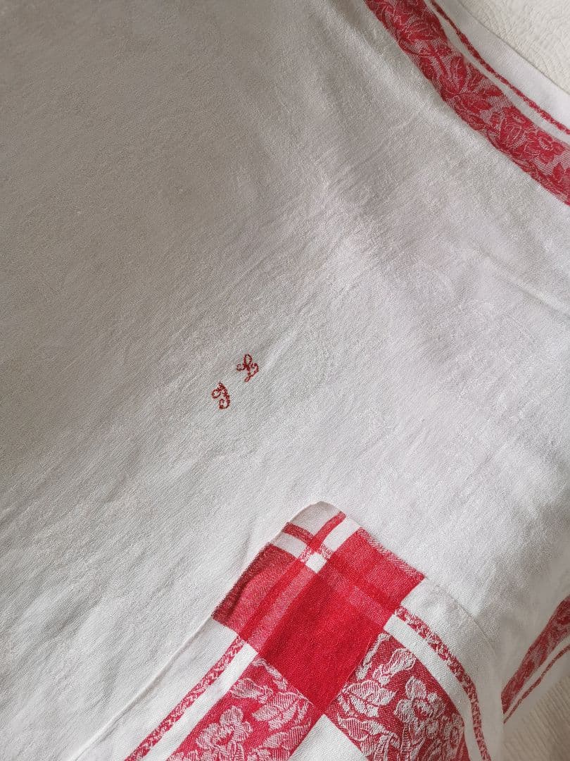 アンティーク ダマスクリネン 風鈴草 釣鐘草 百合の大判クロス フランス購入