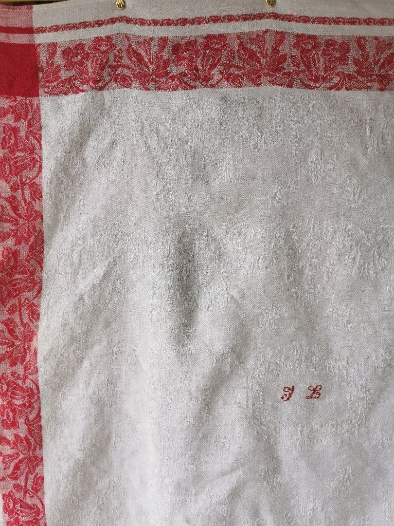 アンティーク ダマスクリネン 風鈴草 釣鐘草 百合の大判クロス フランス購入