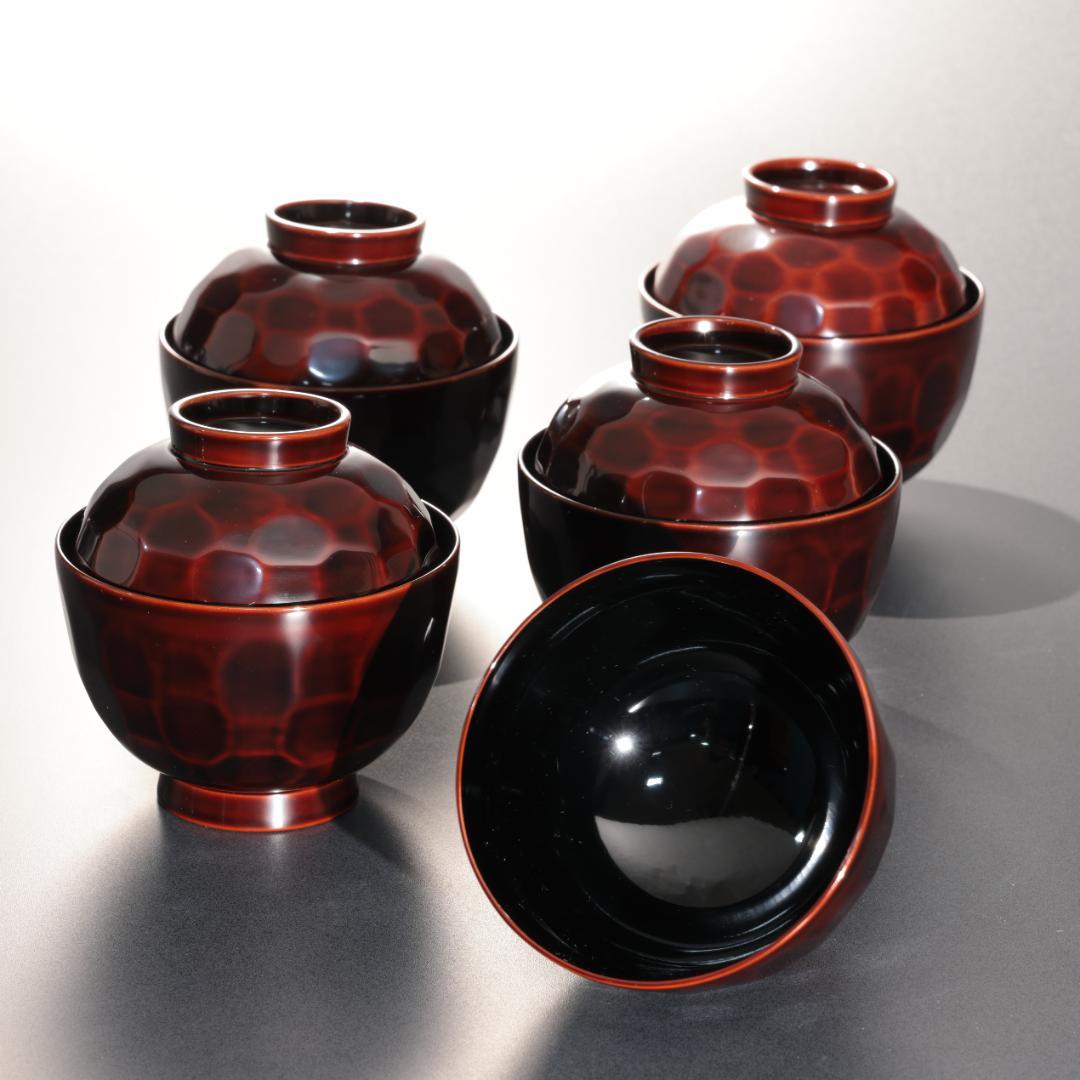 輪島塗　吸物椀５客　渦文　共箱　漆塗蓋つき椀　大向高洲堂　R1589