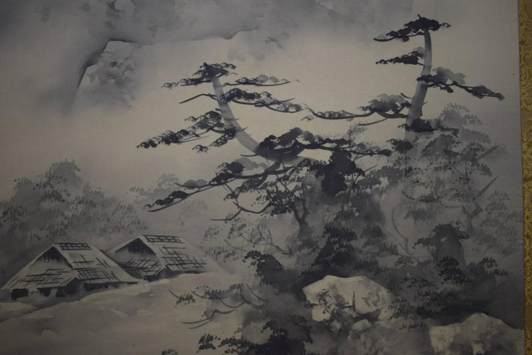 真作/清水千佳/山水釣人図/人物図/水墨山水図/桐共箱付/布袋屋掛軸HJ-97