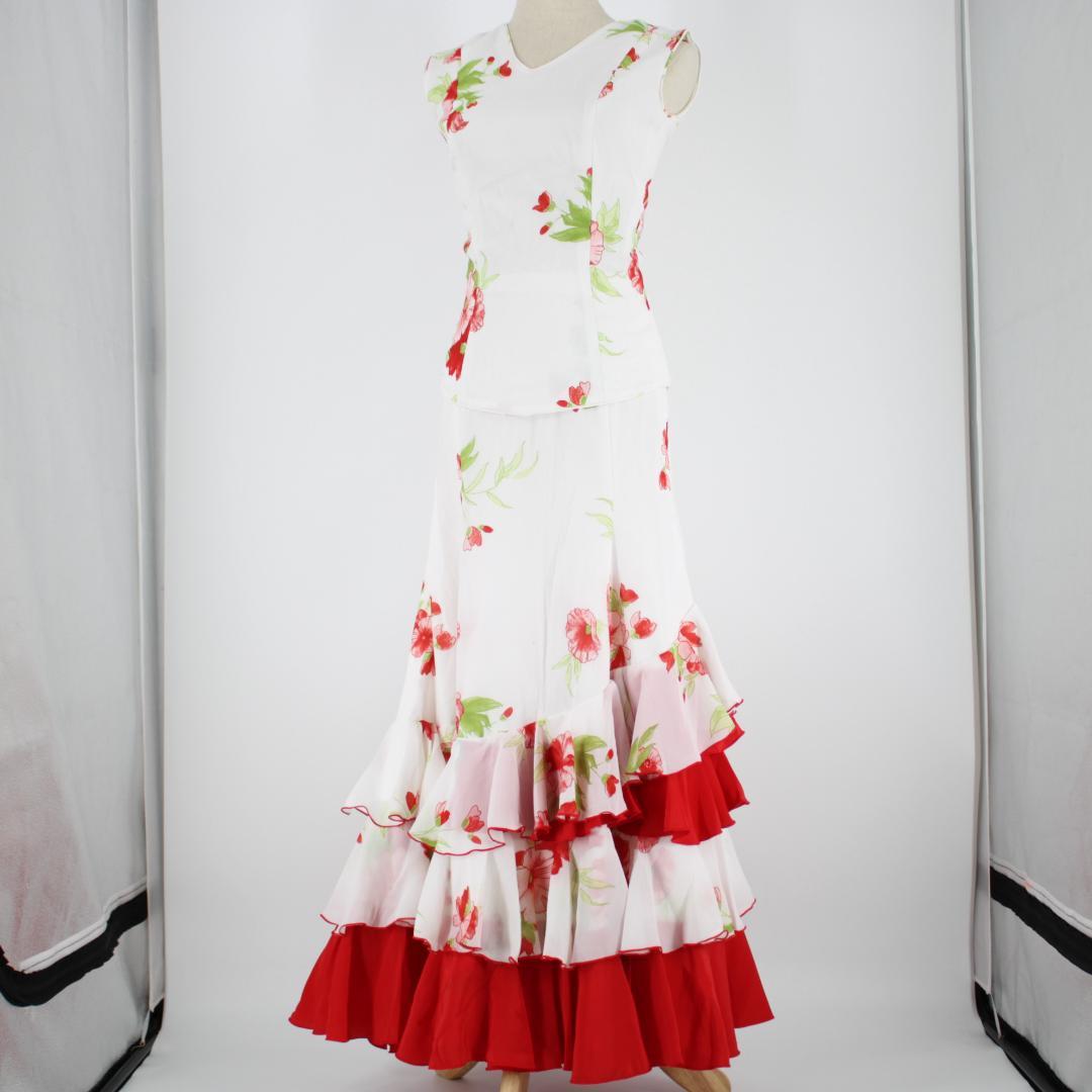 【フラメンコ衣装】ホワイト×豪華ボランテ 上下セット ツーピース セットアップ