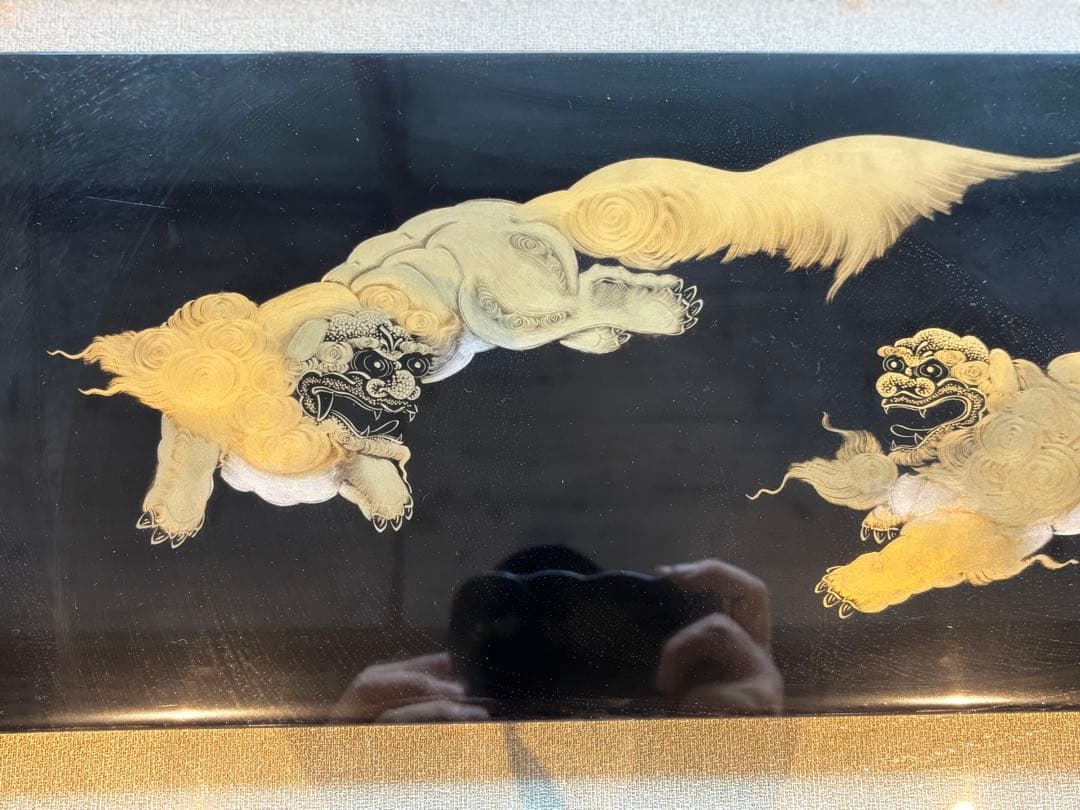 大人気　79cm 金彩 獅子　狛犬　縁起物 開運 福寿 額縁　輪島塗　沈金