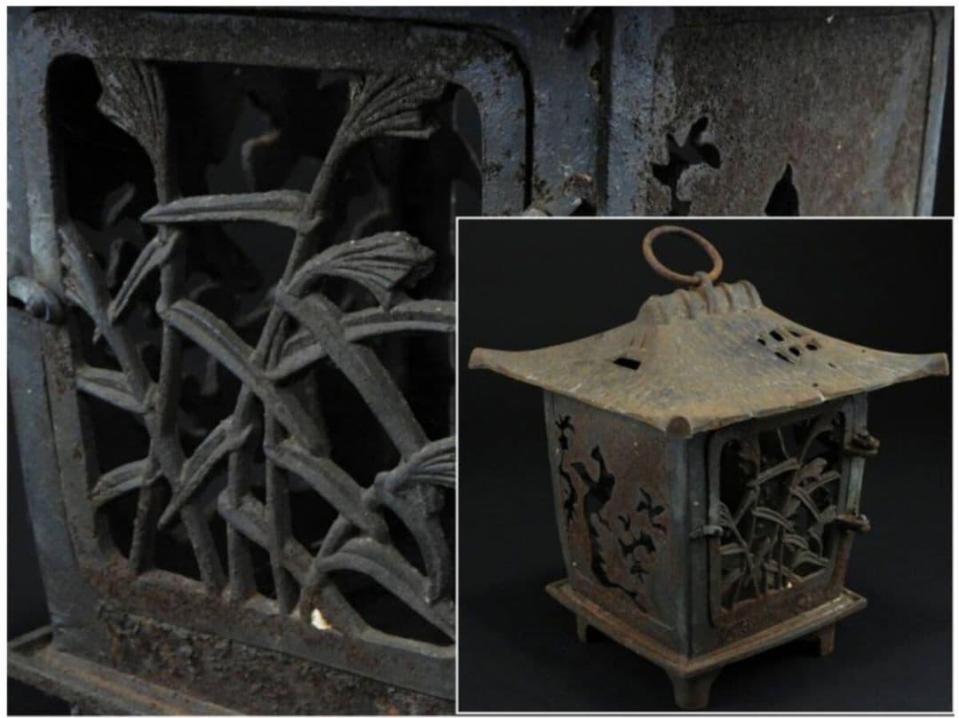 【美術品商】時代.鉄製松竹梅透.四角吊灯籠.吊灯篭.灯籠.燈篭.燈籠■仏具寺院庭