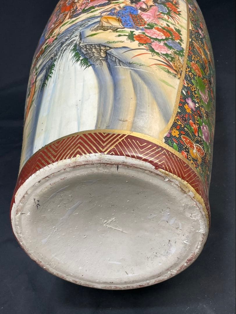 薩摩焼 特大 飾壺 金彩 美人画 金襴手 双耳 花蝶図 青粒置物 花瓶