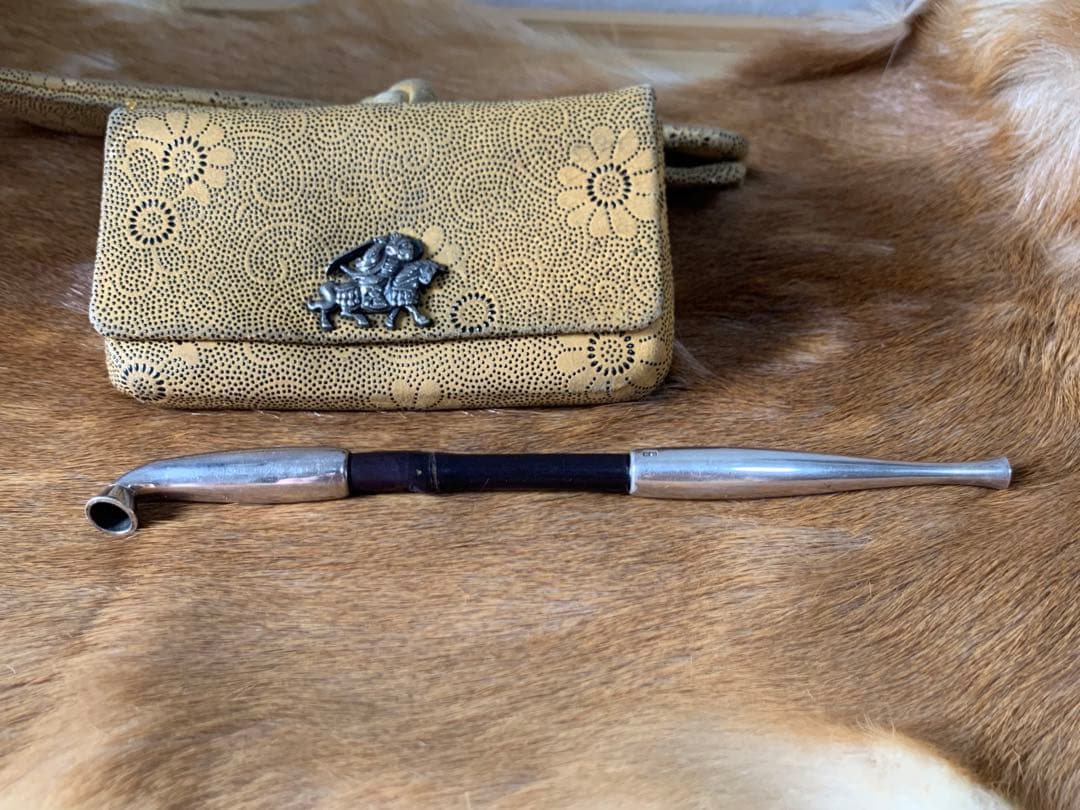 【提物・根付・印籠】煙草入れ＆キセル入れ かます 骨董 喫煙具 煙管 鹿皮