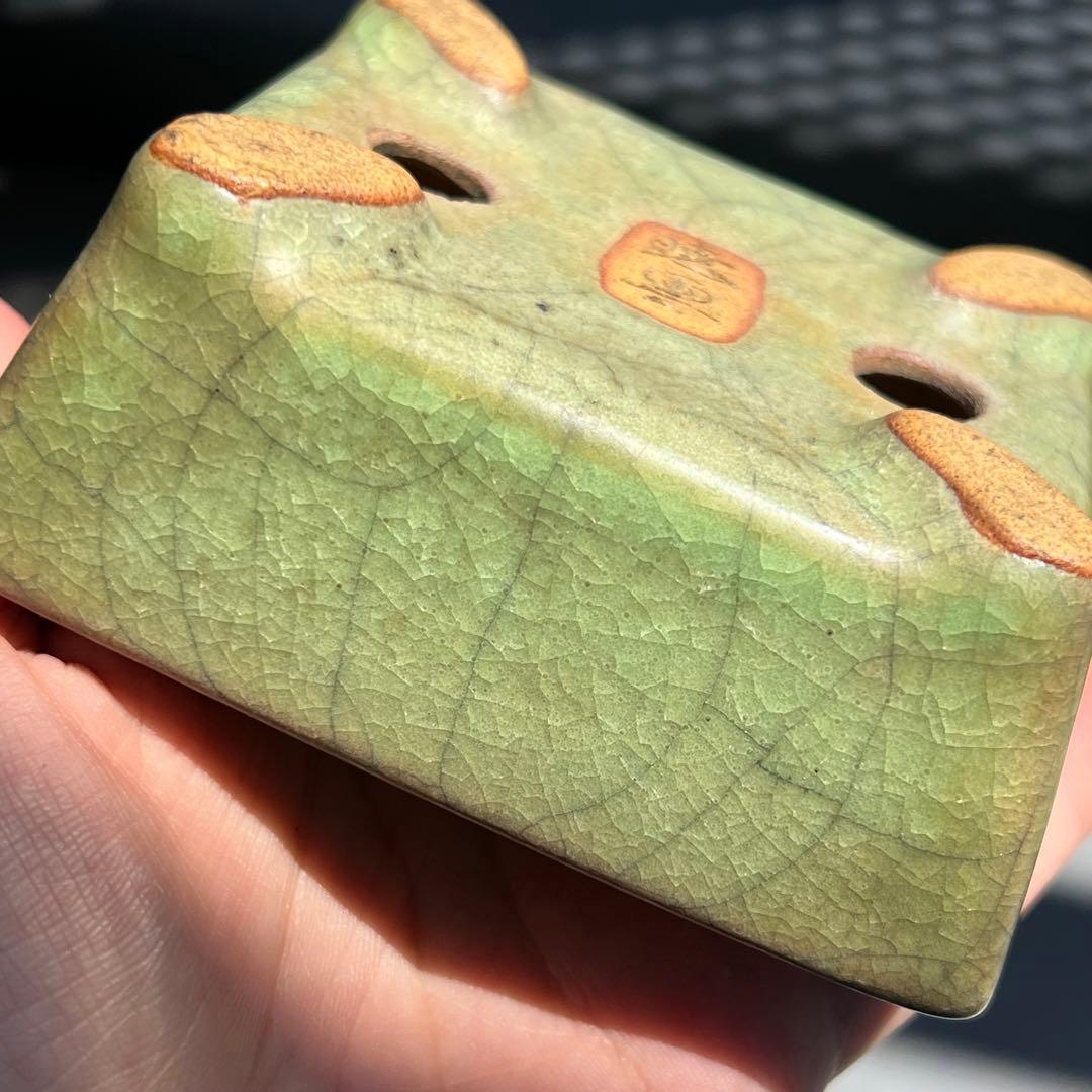 782.暁雲 緑貫入釉長方 盆栽鉢 植木鉢 10*8.7*4.2cm