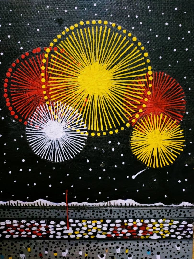 【F6号】山下清【長岡の花火】手描き/表裏サイン・共シール有り/油彩/油絵/額縁