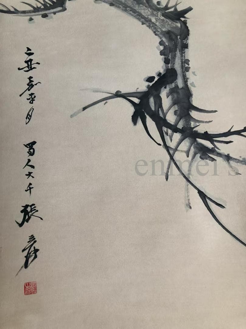 中国古美術・純手描き四尺人物掛軸・水墨画・張大千印款・茶道・肉筆・書画・文房置物