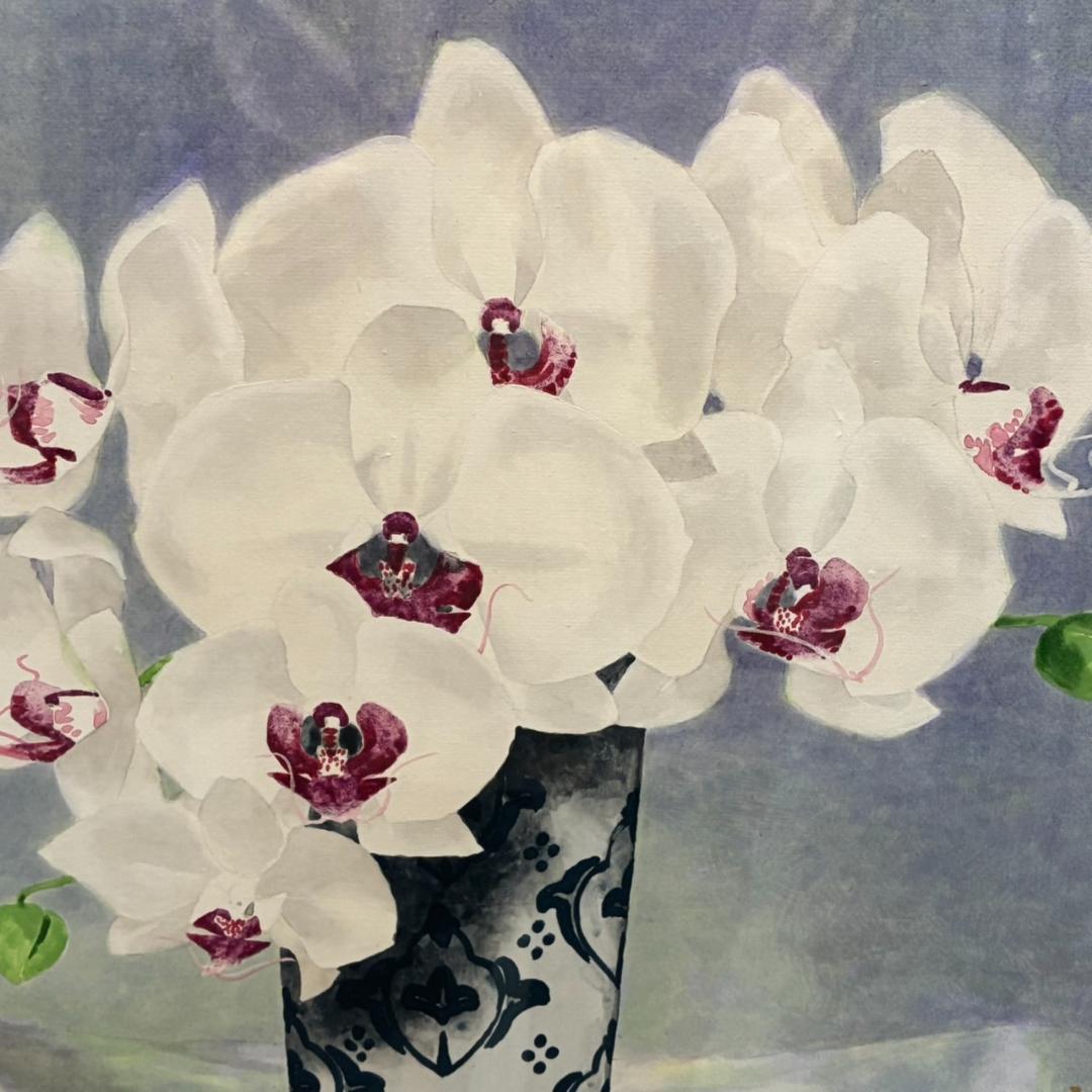 久保吉郎　胡蝶蘭　日本画　額入り　646×646mm