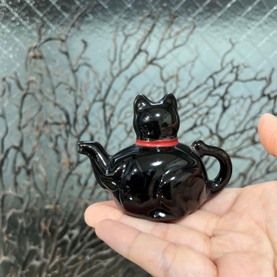 骨董　瀬戸　輸出用　希少　黒猫　招き猫　象コラボ　ティーポット　オブジェ　縁起物