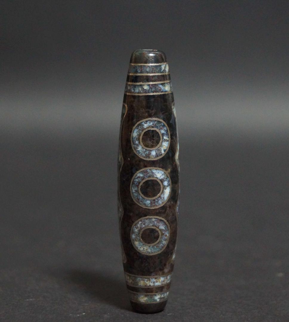 オールドチベットメノウ瑪瑙銀線象嵌『五眼天珠』根付緒締玉アゲート提げ物ビーズ