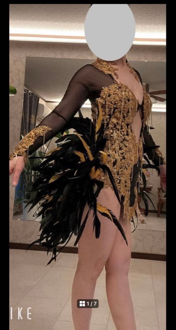 社交ダンス　ゴールドブラック　ゴージャス　ラテン　ドレス　M 羽　フェザーテール